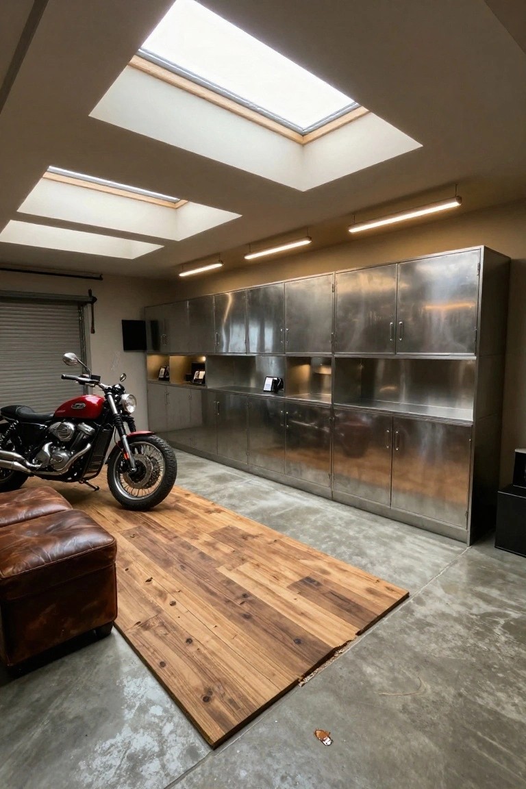 Garage with multiple ceiling skylights letting in daylight over a motorcycle and metal storage cabinets