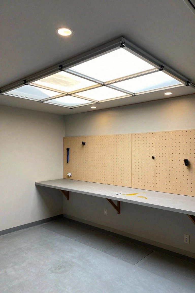 Garage workshop with grid skylight in ceiling over workbench and pegboard walls