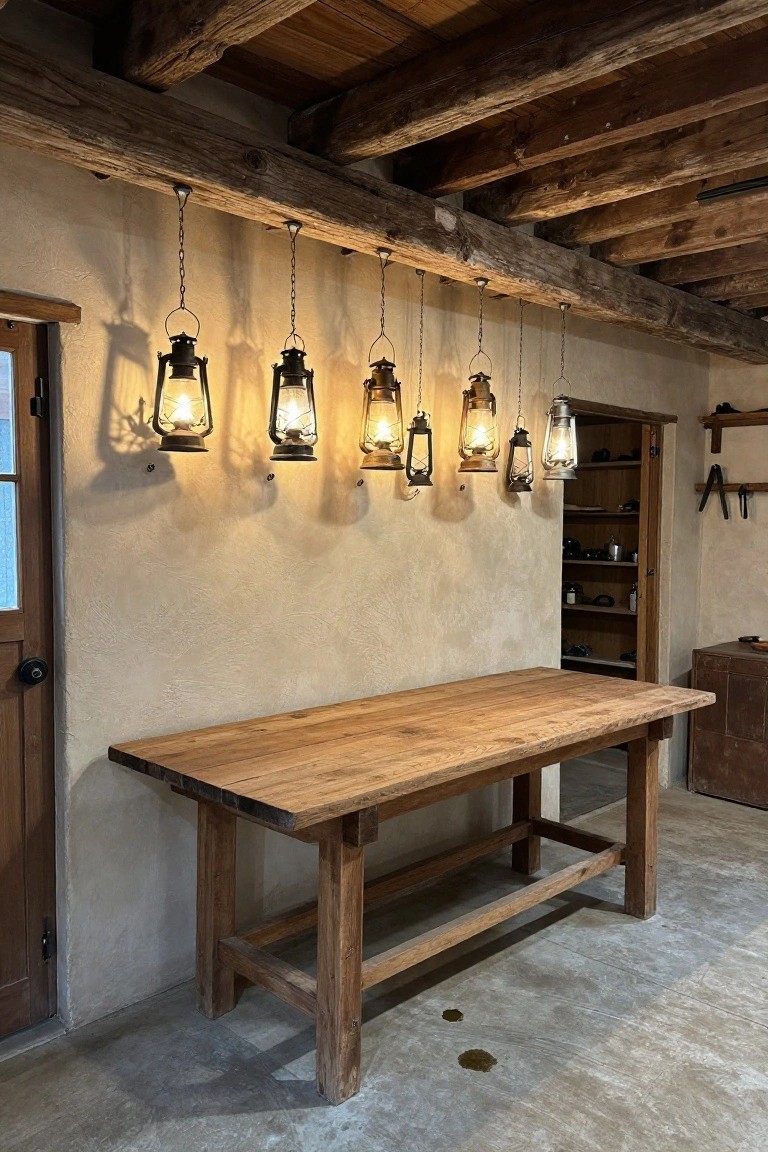 Rustic garage with lanterns hanging from wood ceiling beams over a wooden table