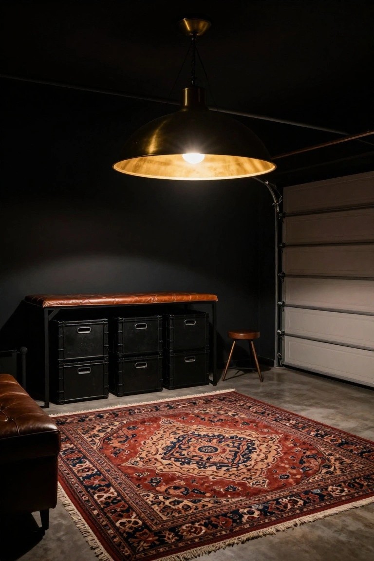 Dark garage workshop with oversized brass pendant light hanging over wooden workbench, black filing cabinets, and Persian rug on concrete floor