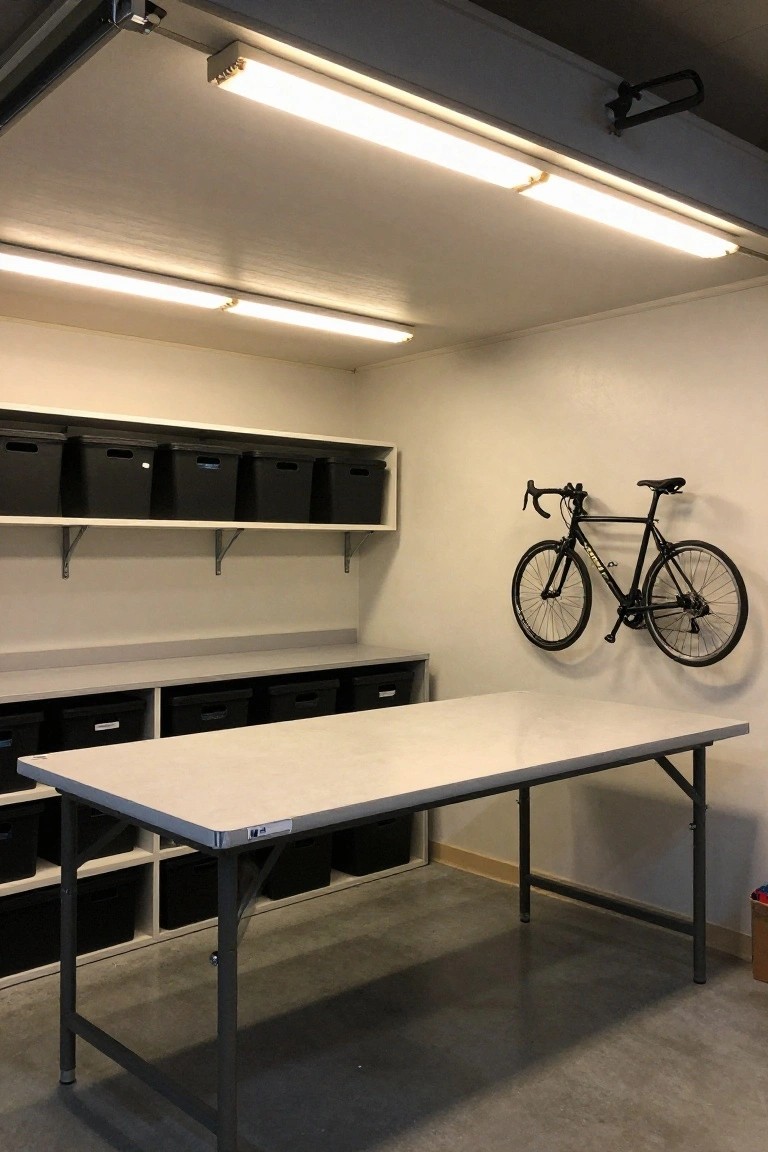 Clean garage workspace with long linear ceiling lights, white workbench, black storage bins, and wall-mounted road bike