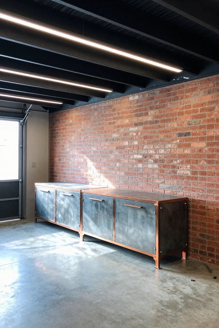 Garage with slim linear LED lights mounted along black exposed ceiling beams, next to brick wall and metal cabinets on polished concrete floor