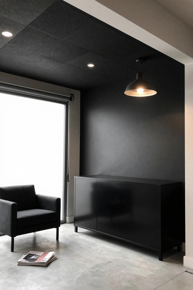 Black pendant light hanging from dark garage ceiling over a seating area with chair and cabinet