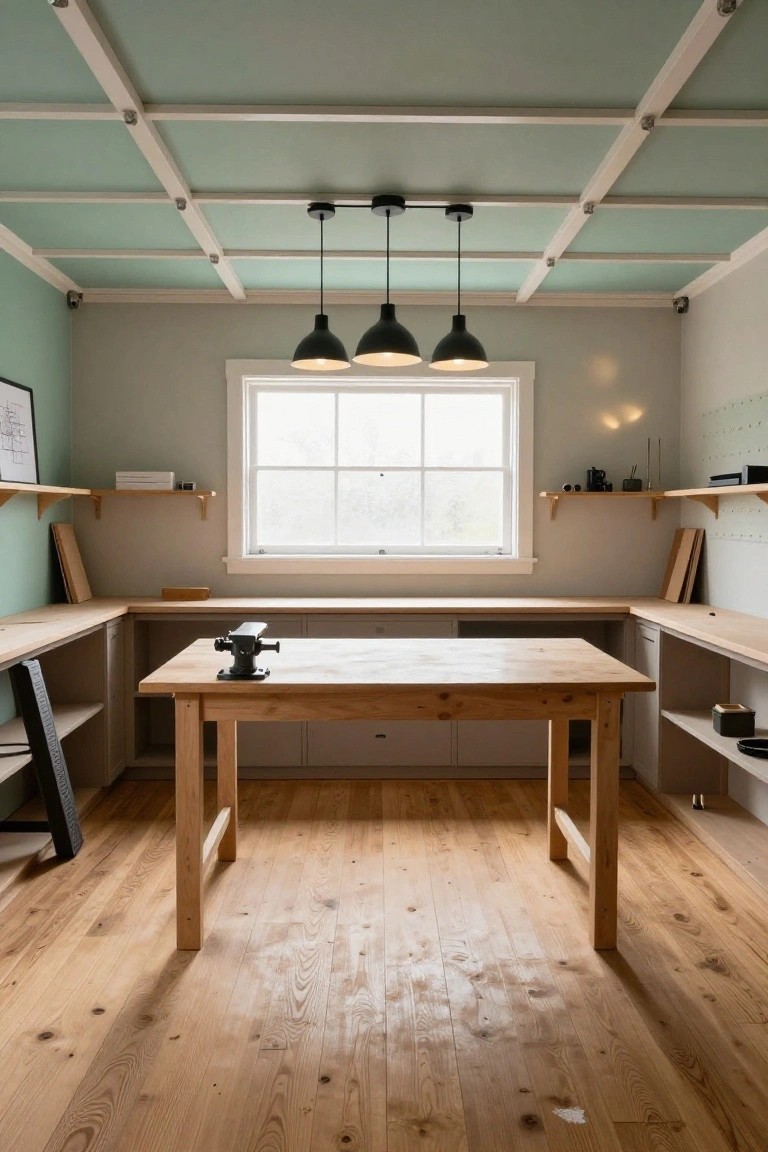 Three black pendant lights centered over a wooden workbench in a garage workshop with grid-patterned ceiling