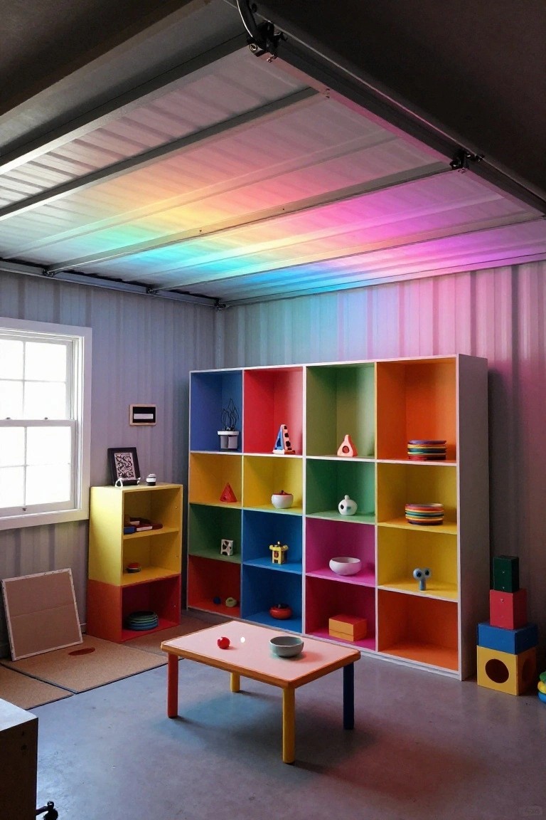 Garage with rainbow LED lights glowing along corrugated ceiling panels and colorful storage shelves below