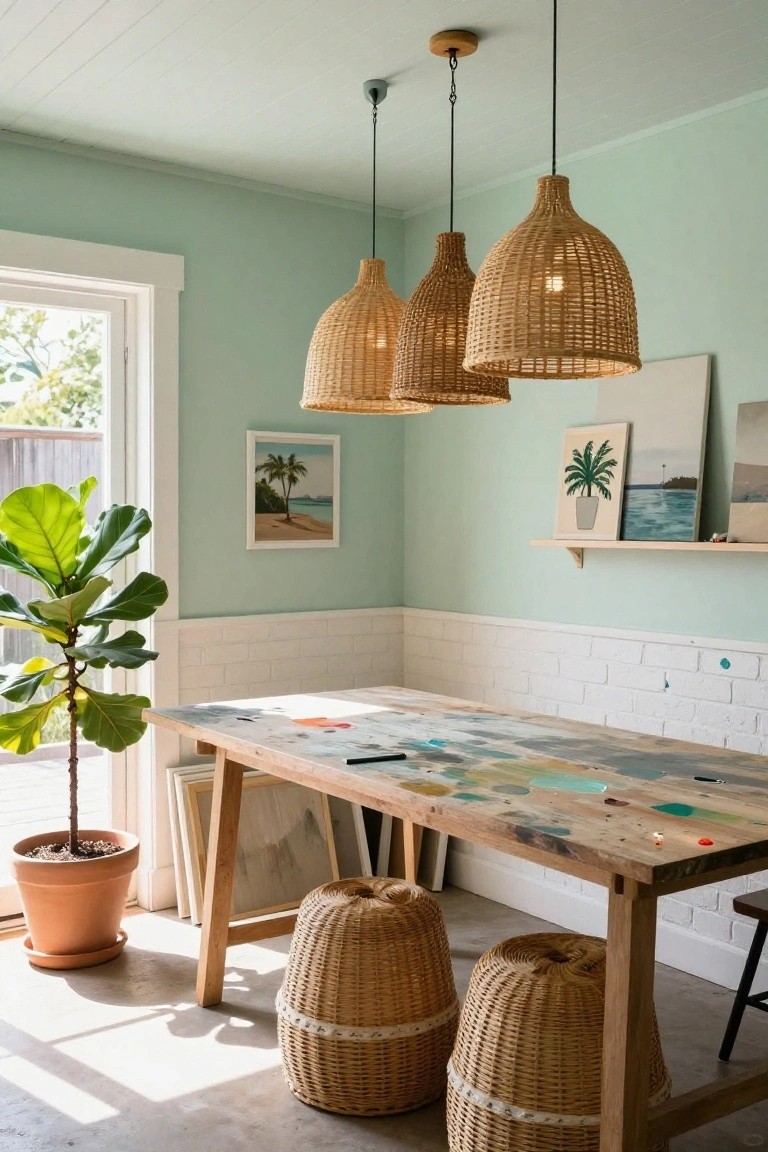 Three rattan pendant lights hanging over a paint-splattered wooden table in a mint green garage studio with barrel stools and potted plants