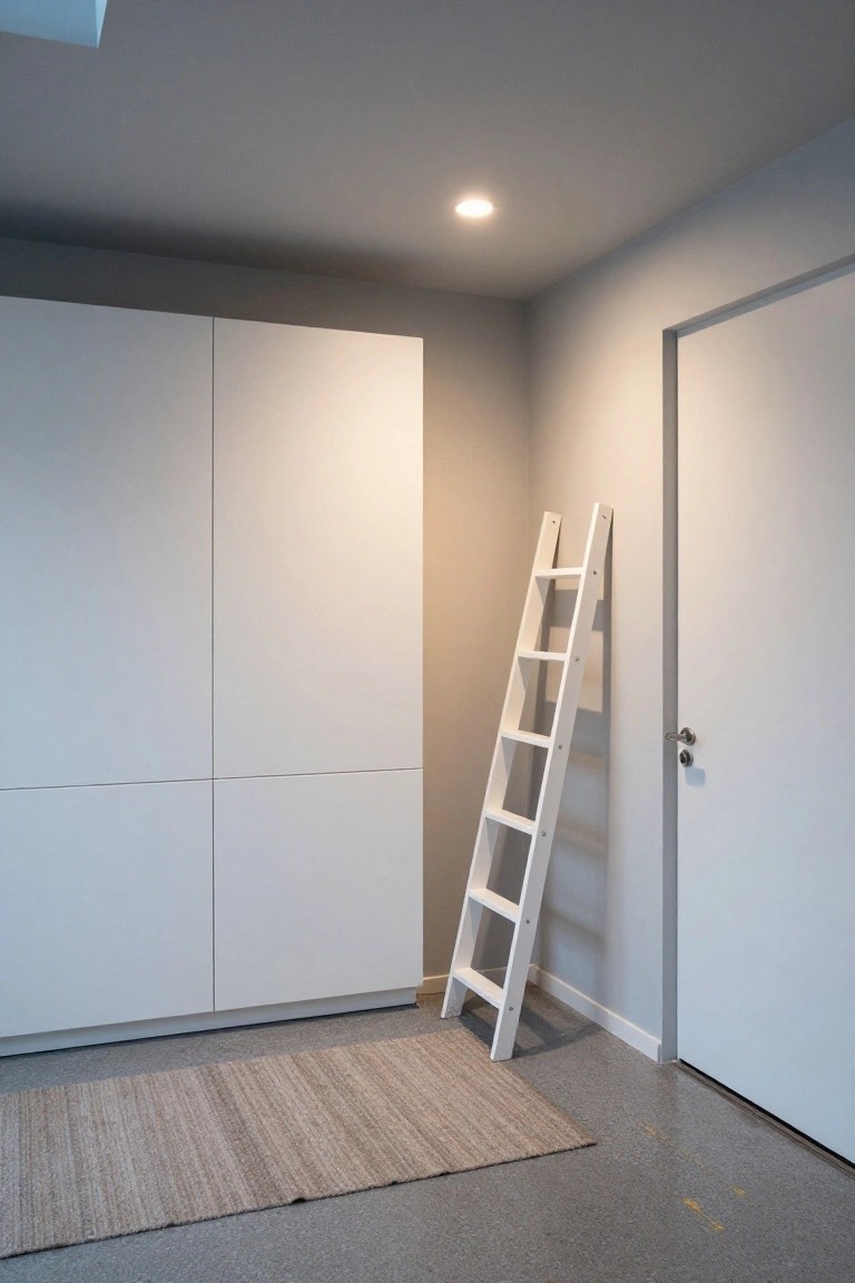 Recessed ceiling light in garage corner over white cabinets and ladder