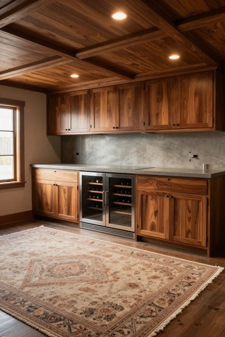 Wooden beamed ceiling with recessed pot lights providing even illumination above wooden kitchen cabinets