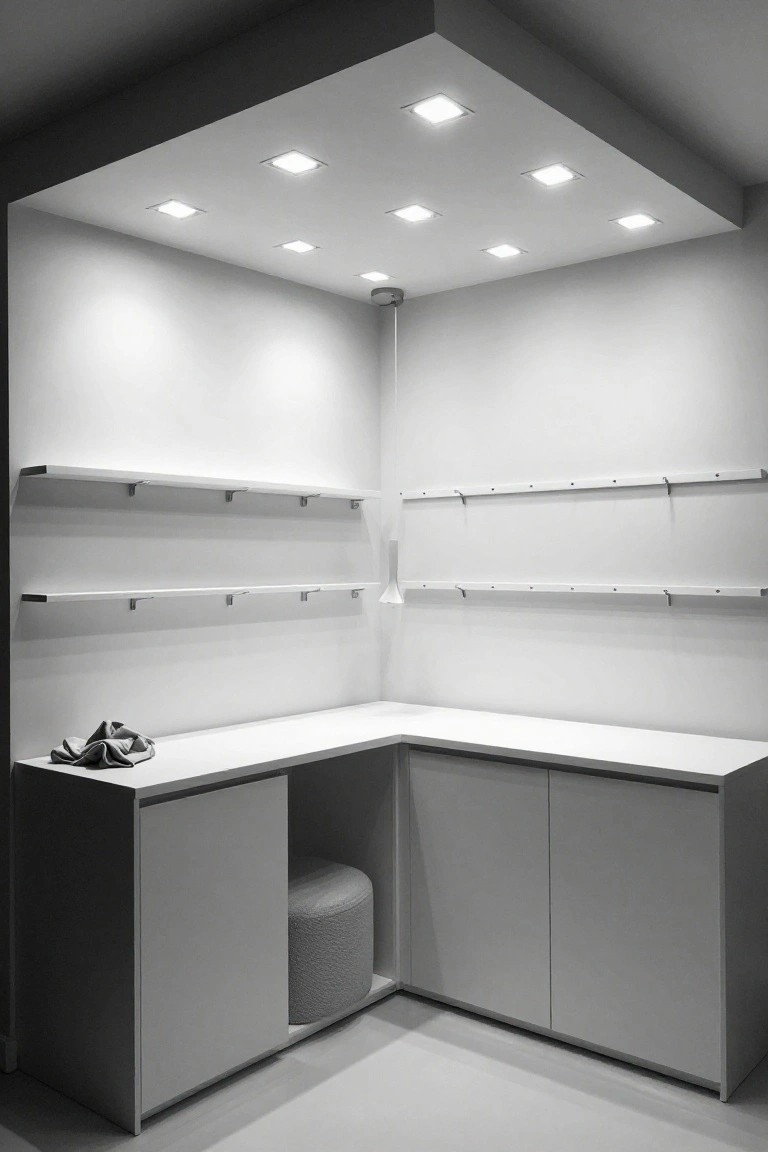 Garage corner workspace lit by grid of recessed ceiling lights over white floating shelves and L-shaped desk