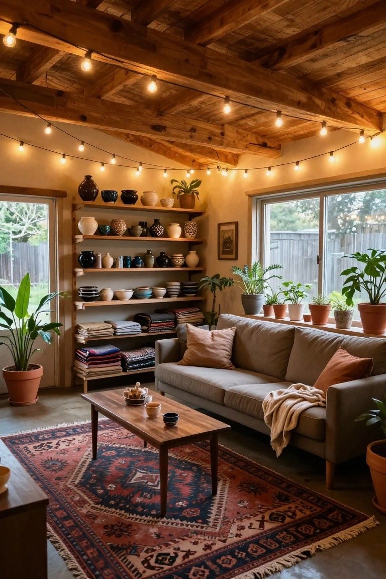 Cozy garage living space with string lights draped across wooden beams, plants on shelves, and a couch on a patterned rug
