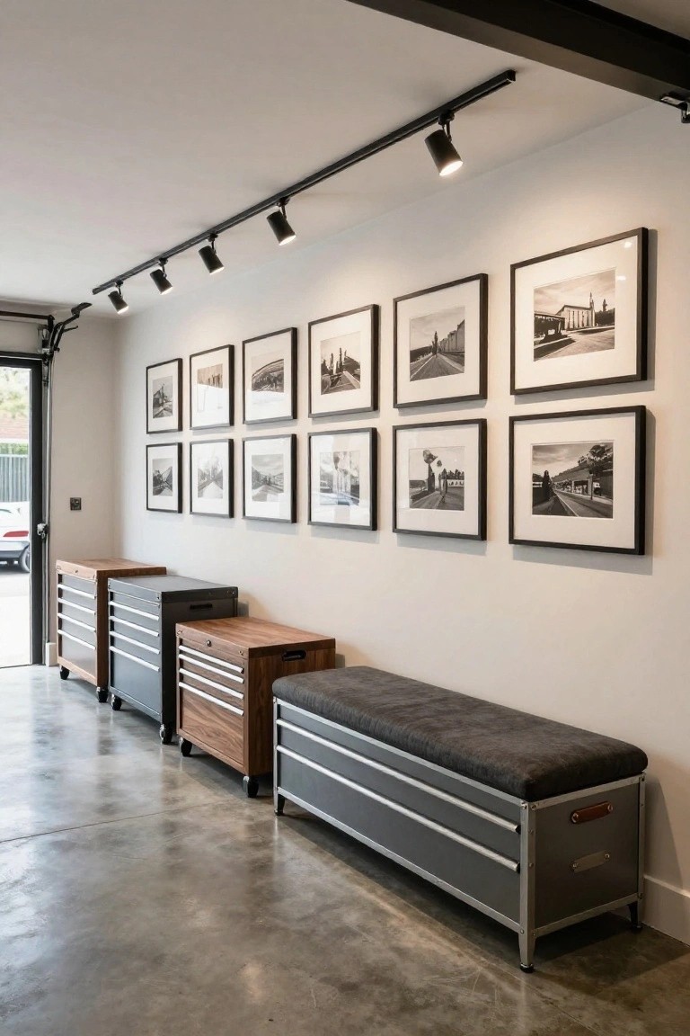 Garage with ceiling track lighting aimed at a row of black-and-white framed photos on the wall above wooden and metal storage cabinets