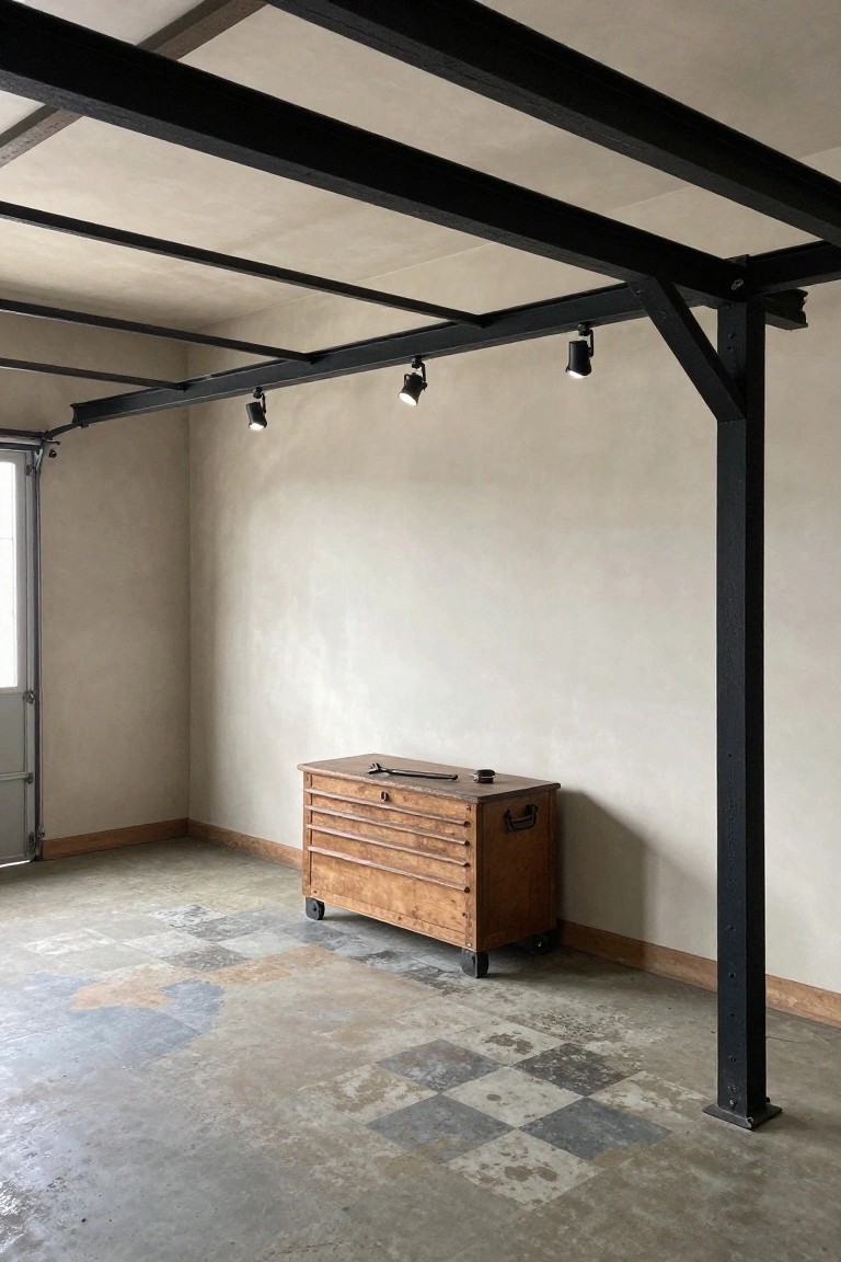 Garage with track spotlights mounted on black steel beams over a wooden tool chest on concrete floor