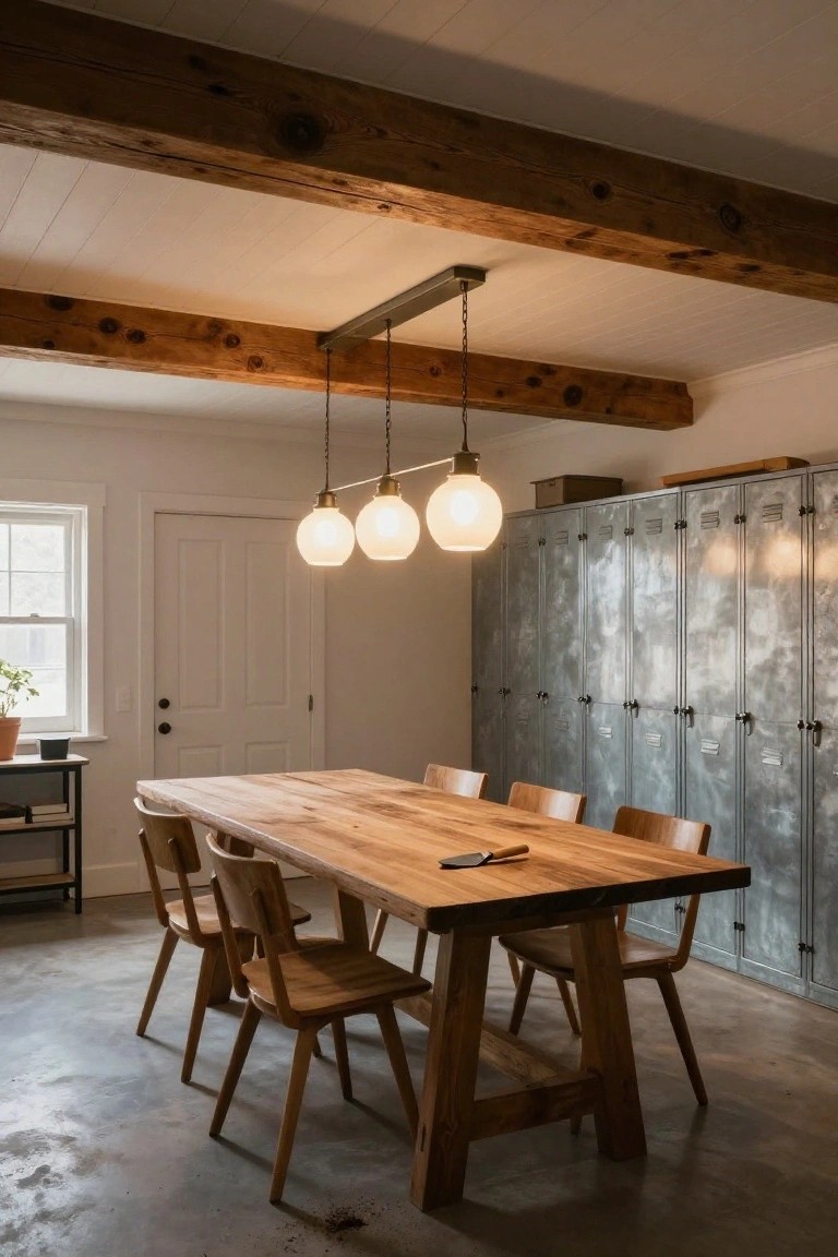 Three white globe pendant lights on a linear bar hanging from wooden beams over a rustic wooden dining table in a garage with metal lockers and concrete floor