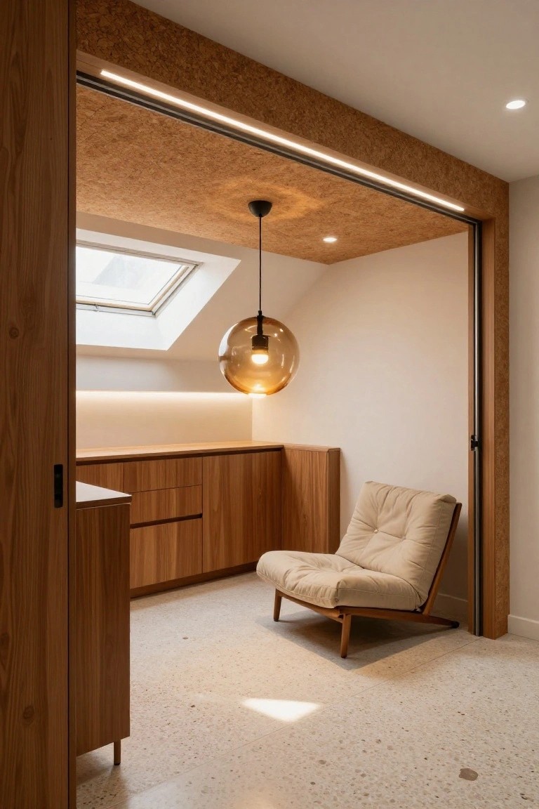 Garage ceiling clad in warm wood panels with recessed LED strip lighting along the edges and a hanging globe pendant over wood cabinets and a chair