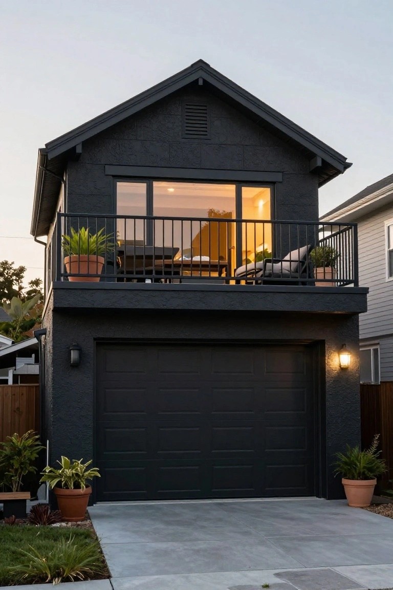 A narrow two-story black house with a double black garage door at ground level, a second-floor balcony with glass railing, lounge chairs, and potted plants, flanked by front yard landscaping and a concrete driveway.