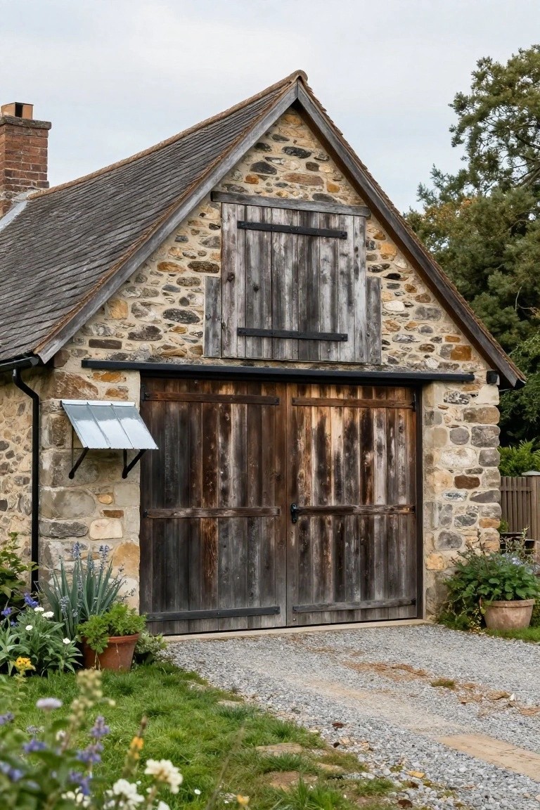 Stone barn with weathered wooden double doors and small upper window.