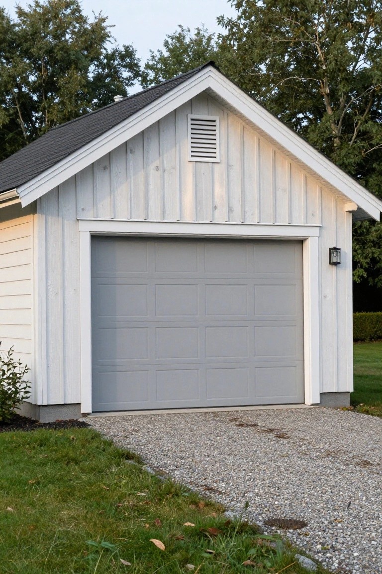 Detached white board-and-batten double garage with gray sectional door, gabled shingle roof, gravel driveway, and surrounding trees and grass.