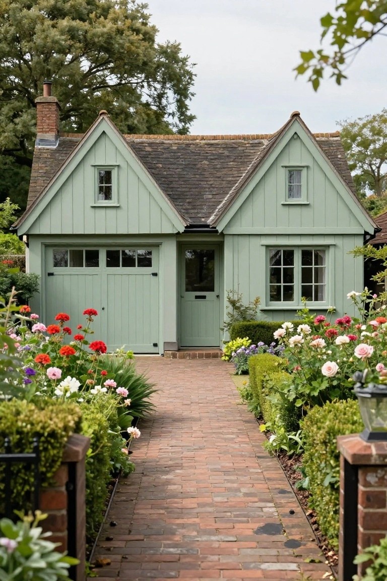 Sage green gabled cottage-style double garage with wooden doors and central entry door approached by a brick pathway flanked by boxwood hedges and colorful flower beds.