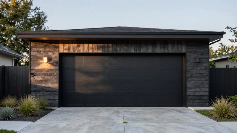 25 Inspiring Double Car Garage Ideas That Feel Spacious And Practical Detached double garage with horizontal cedar wood siding, black paneled garage door, wall-mounted black lights, concrete driveway, and low native grasses in front.