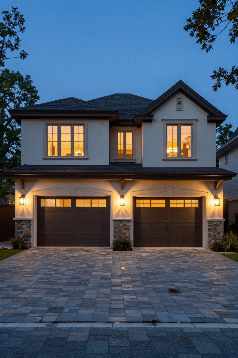 Two-story beige house at dusk with double dark garage doors flanked by lit wall lanterns and stone pillars, paver driveway, and large front windows glowing warmly.