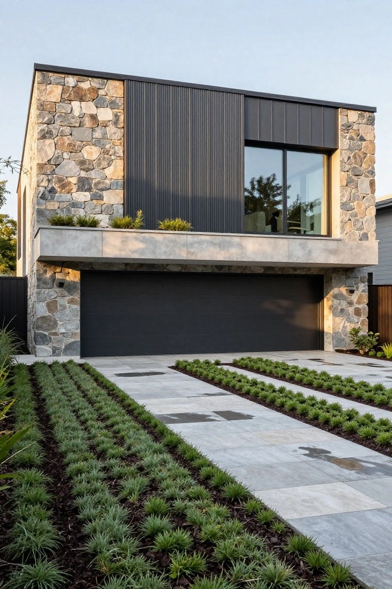 Modern house exterior with double garage under concrete balcony, stone side walls, dark metal siding, large window, and driveway flanked by parallel rows of green plants and light stone pavers.