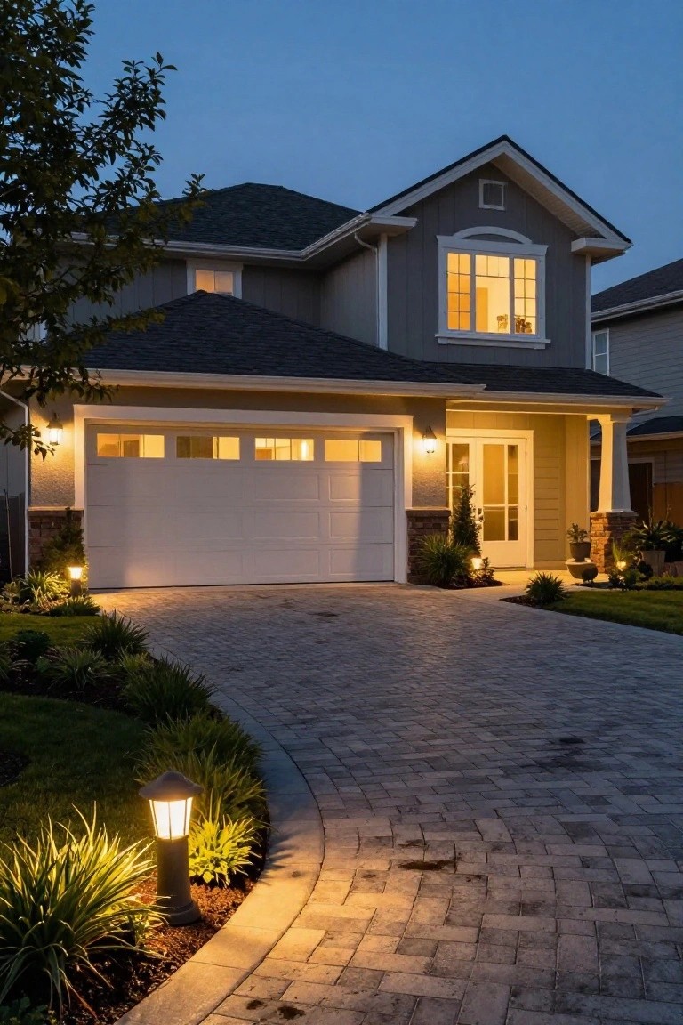 A beige two-story house with dark shingled roof and white double garage door at dusk, lit by lantern path lights along a curved paver driveway edged with plants.