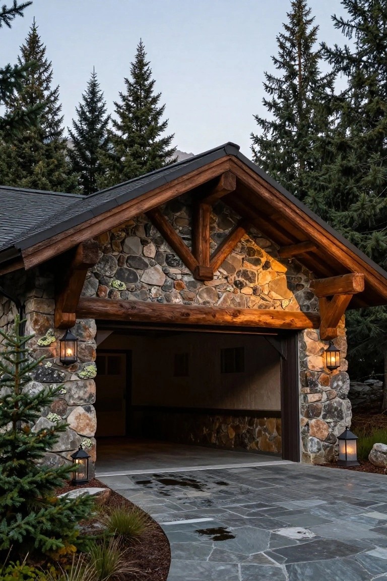 Double car garage with stone walls, exposed timber beams on gabled roof, open doors, lantern lights, stone paver driveway, and surrounding pine trees.