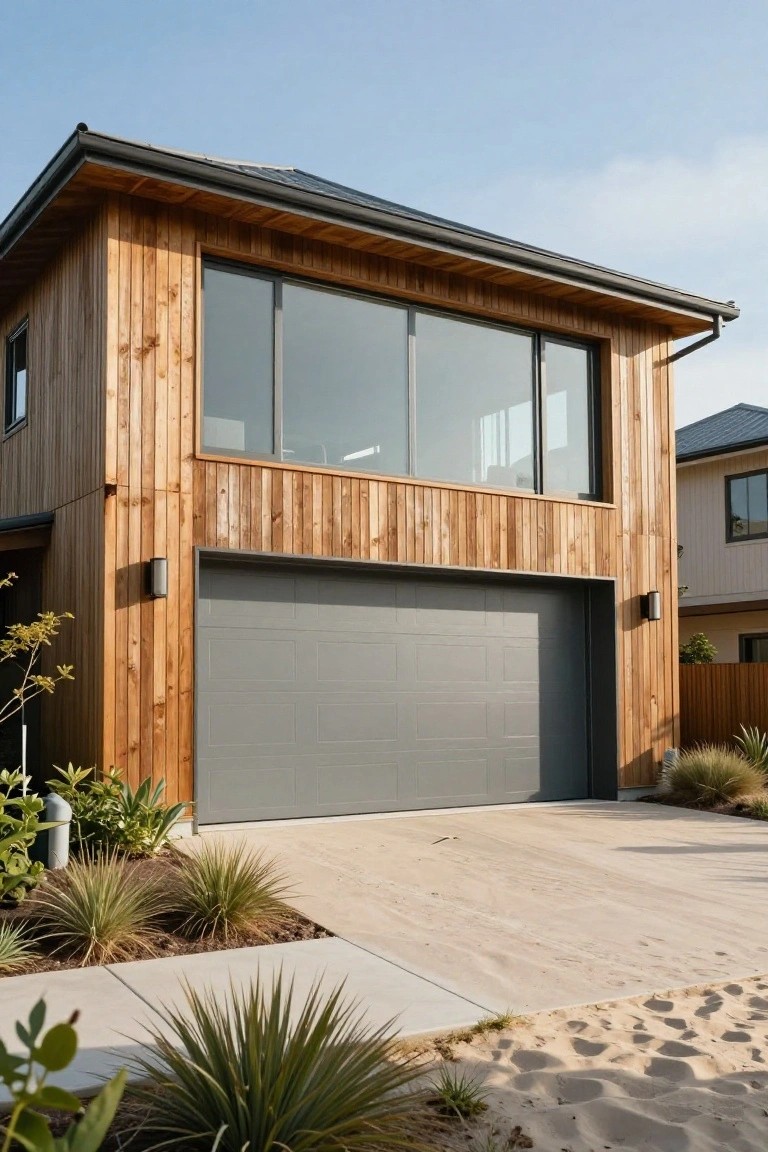 Two-story modern house with vertical wood siding on the facade, gray double garage door, large windows above the garage, and sparse landscaping along a concrete driveway.