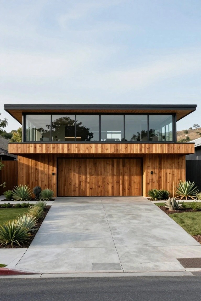 Two-story modern house with horizontal cedar wood cladding on double garage doors and lower facade, large glass windows above, concrete driveway, and agave plants on sides.