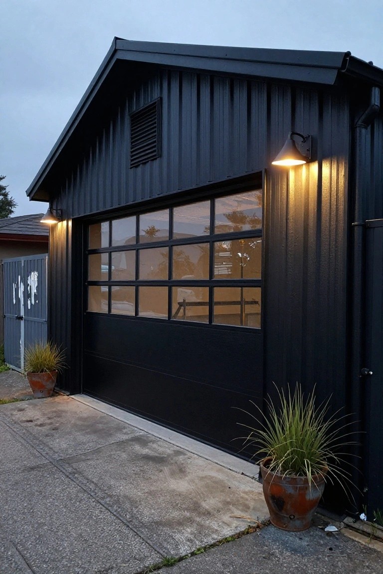 Sleek black-painted garage exterior with glass door, potted plants, and wall lights