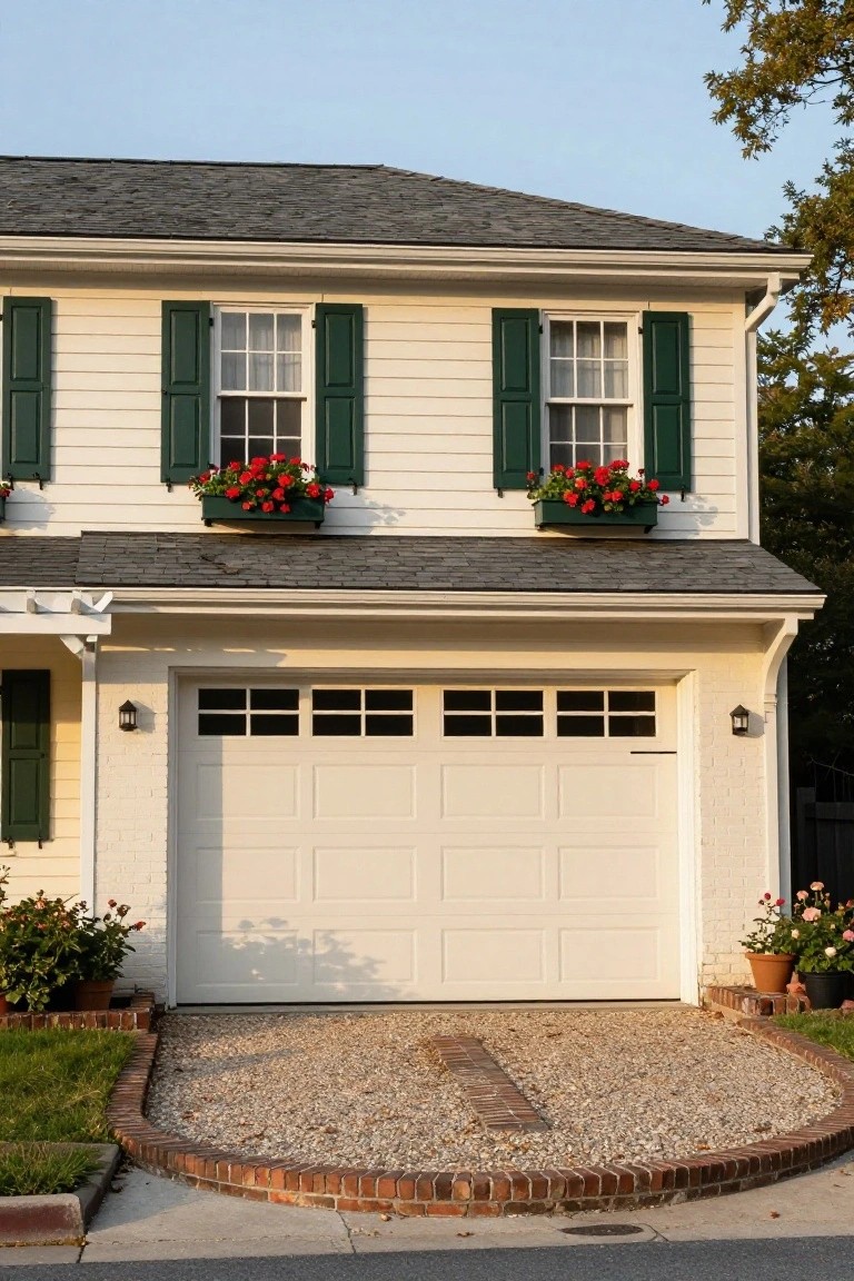 White-painted garage door on a classic home with light siding, green shutters, and red window box flowers against a gravel driveway edged in brick