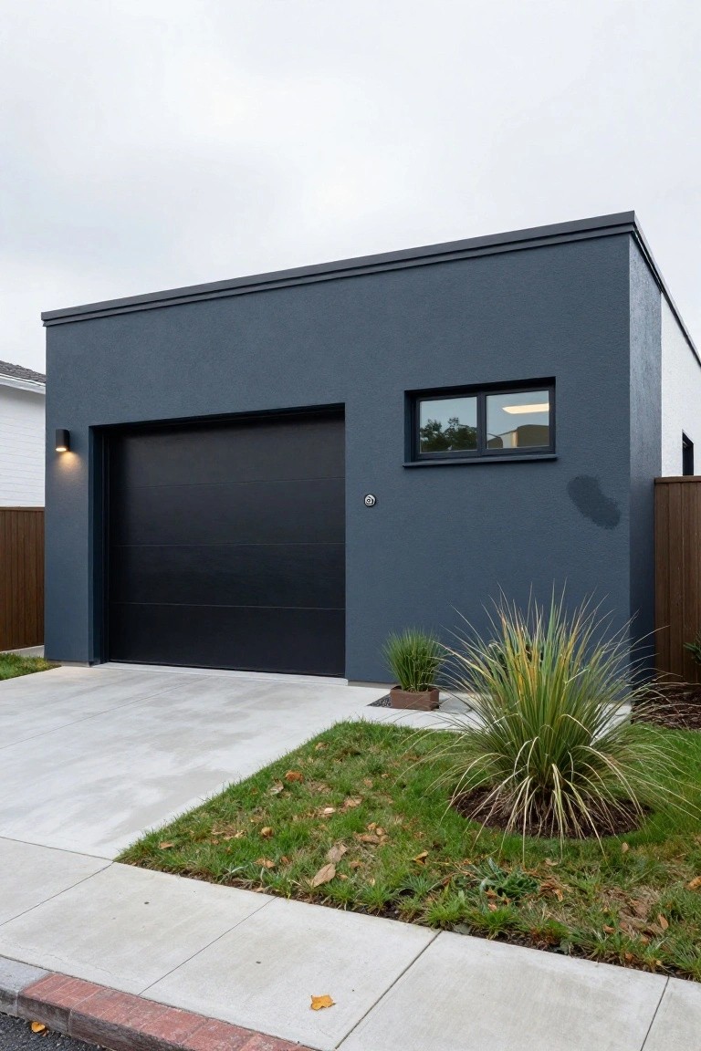 Modern detached garage painted deep cool gray with black door, wood fence, and landscaping