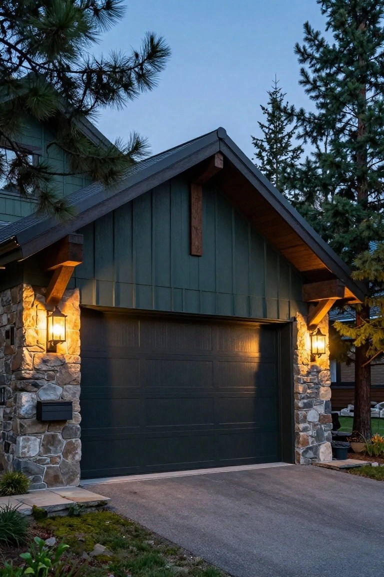 Deep forest green painted garage walls with dark wood beams, stone pillar accents, and lantern lights beside a driveway amid tall pine trees