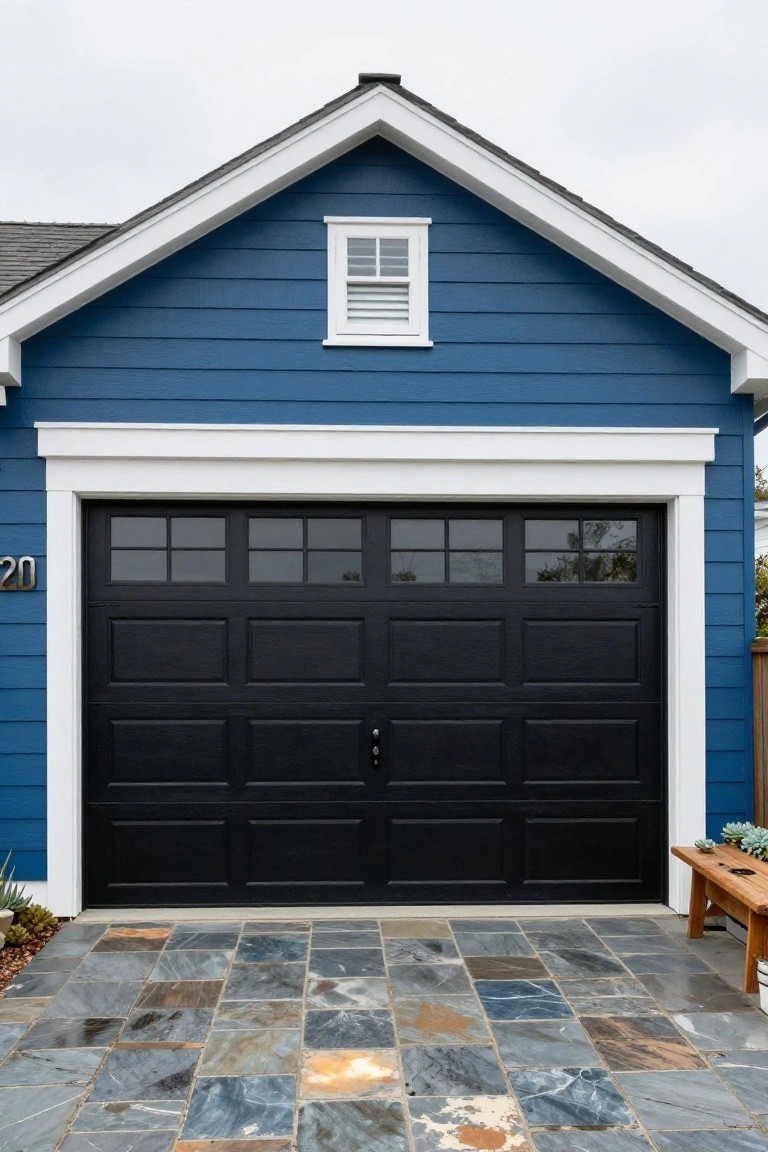 Deep navy blue clapboard siding on garage exterior with black door, white trim, and stone paver walkway