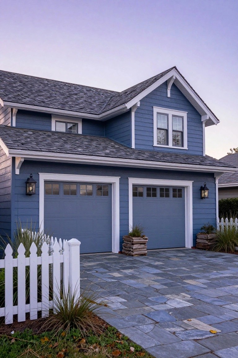 Garage exterior painted deep navy blue with white trim, lanterns, and paver driveway