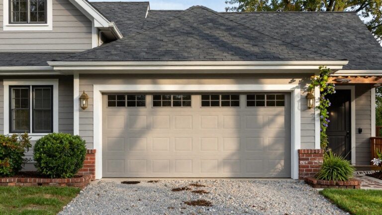 Light warm gray painted siding and matching garage door on a two-story home with brick accents and landscaping