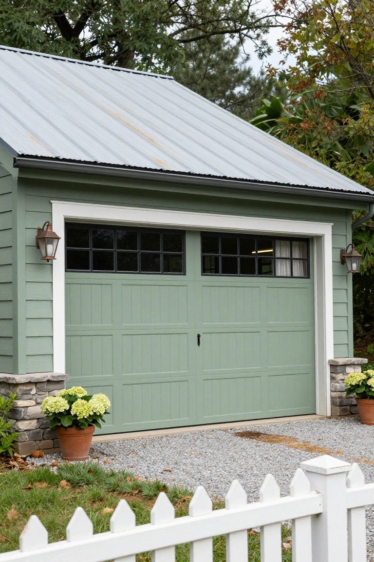 Sage green painted garage with double doors, white trim, stone accents, and potted plants on a gravel driveway