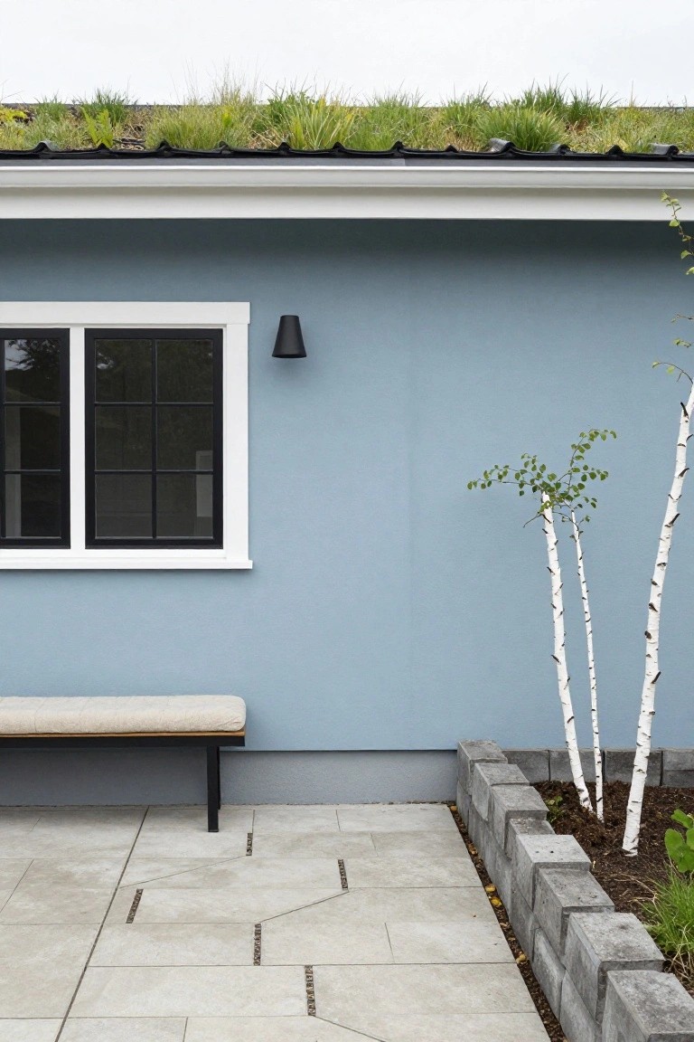 Pale blue-gray painted garage wall with white window trim, bench, and birch trees