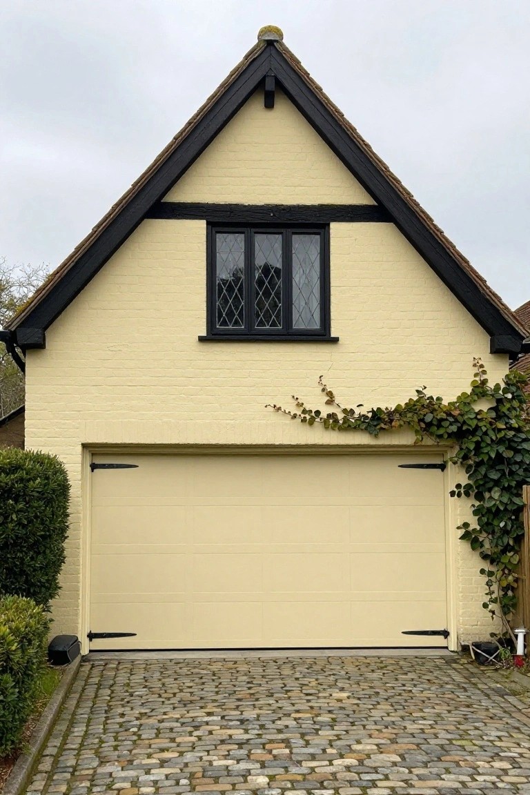 Detached garage painted pale creamy yellow with black-framed window and matching garage door, ivy climbing one side, set on a cobblestone driveway