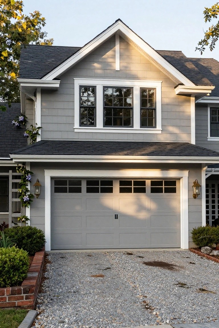 Light warm gray painted siding and matching garage door on a two-story home with brick accents and landscaping