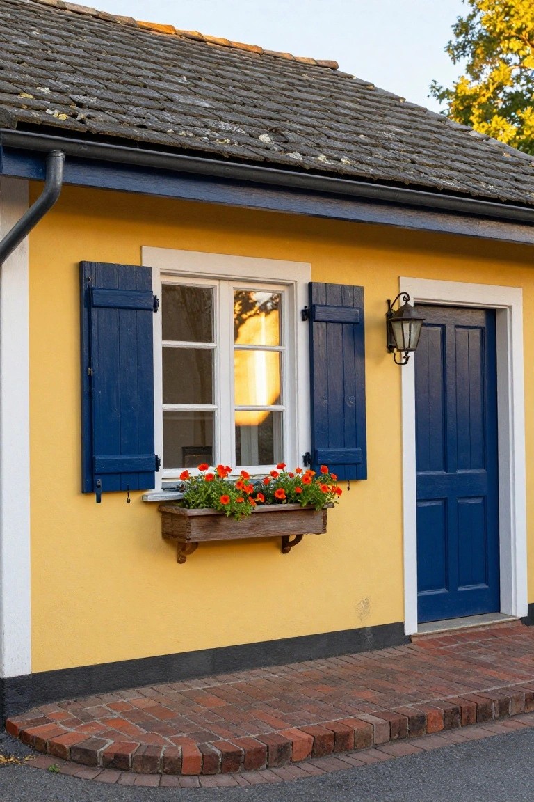 Sunny yellow garage wall with blue shutters, door, and red flower box for a cheerful exterior vibe