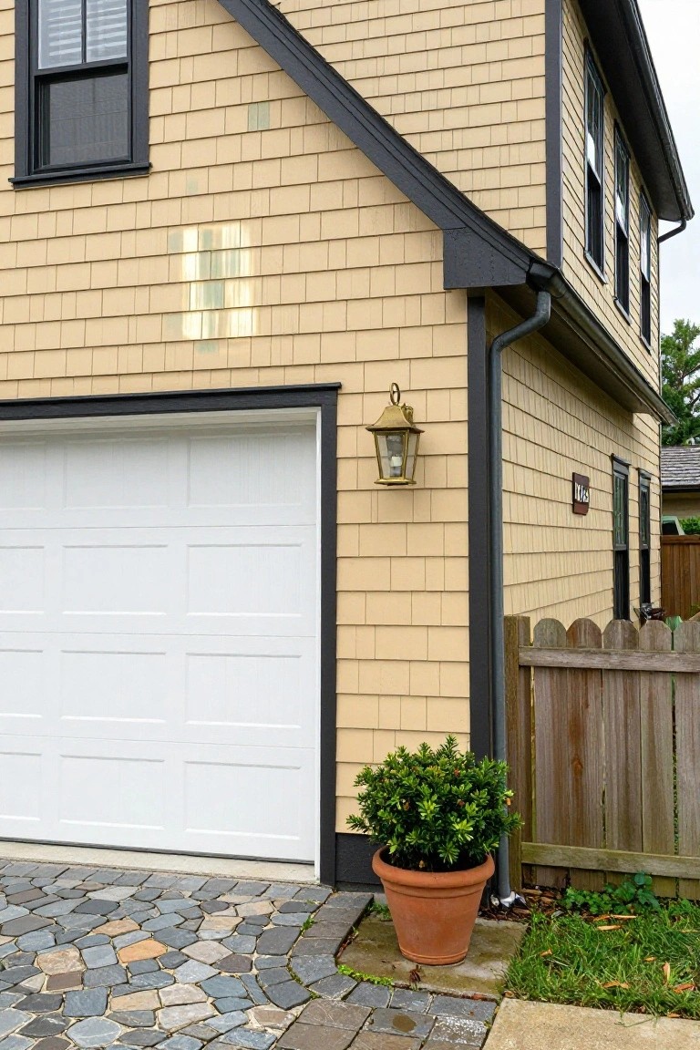 Warm beige shingle siding on a garage wall next to black trim and white garage door