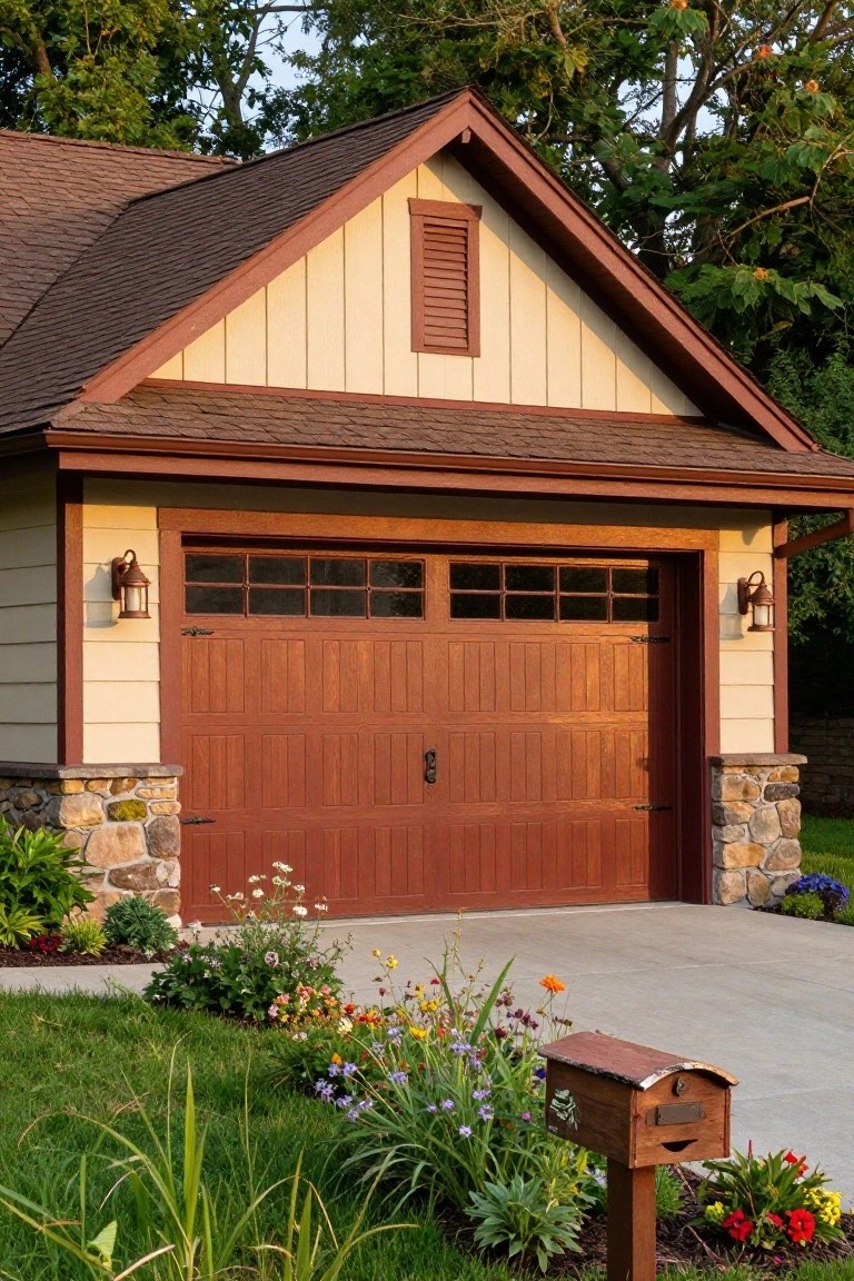 Garage with warm beige siding, wooden door, stone accents, and flower beds