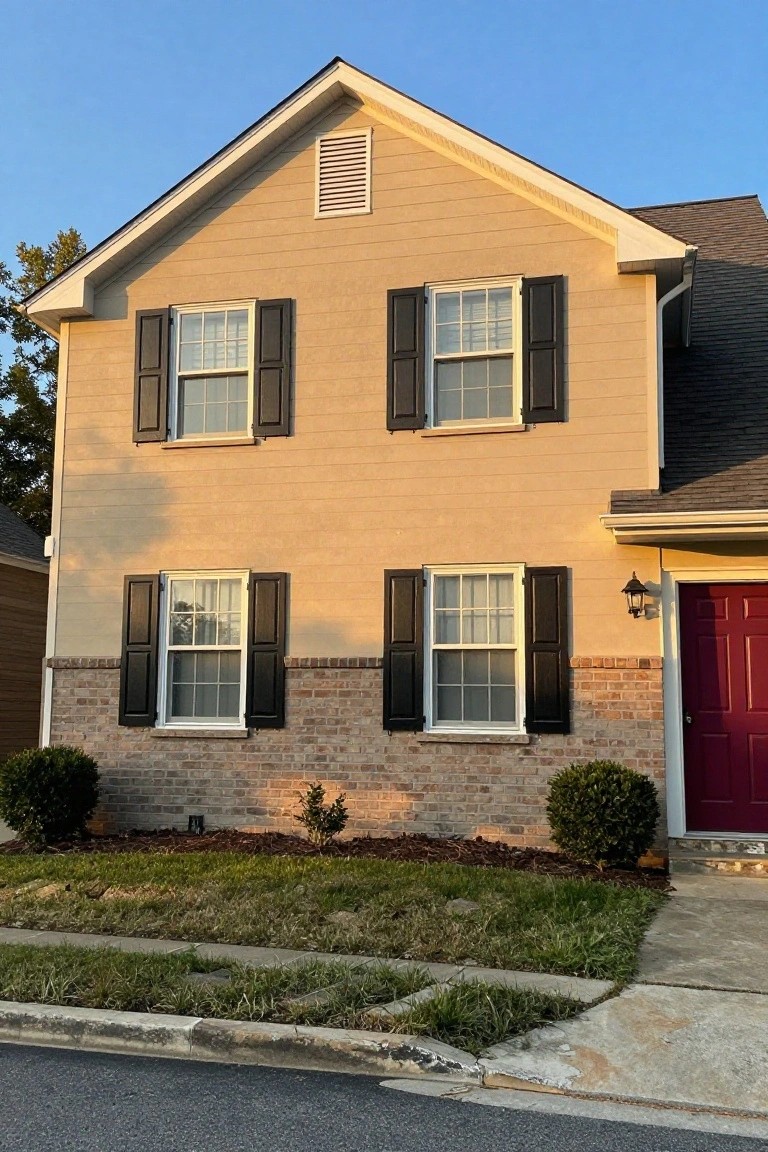 Warm beige house siding with brick base, black shutters, and red door under blue sky