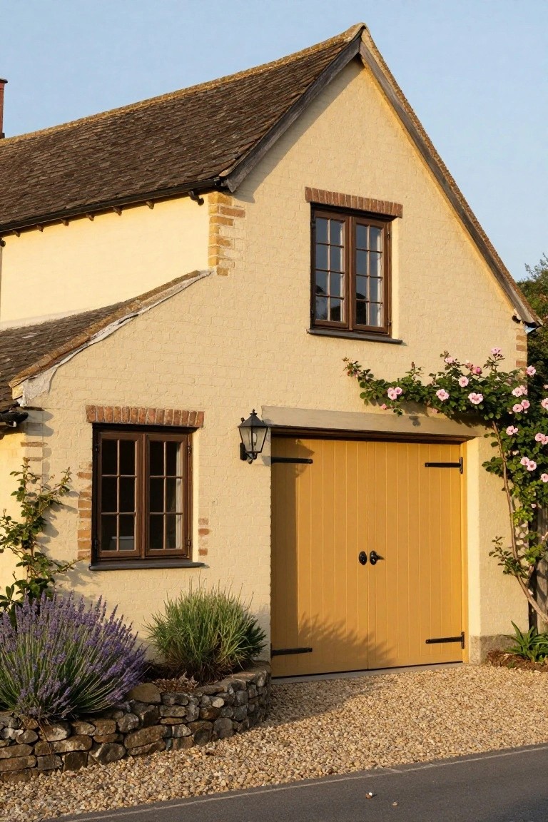 Cottage home exterior with pale warm cream walls, yellow wooden garage doors, brick window surrounds, climbing roses, lavender plants, and gravel driveway under a clear sky