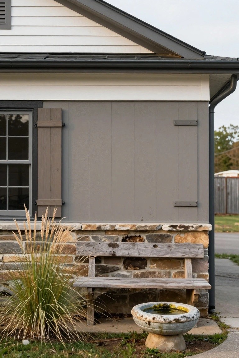 Warm gray painted siding on garage wall with stone base, wooden bench, and potted plant
