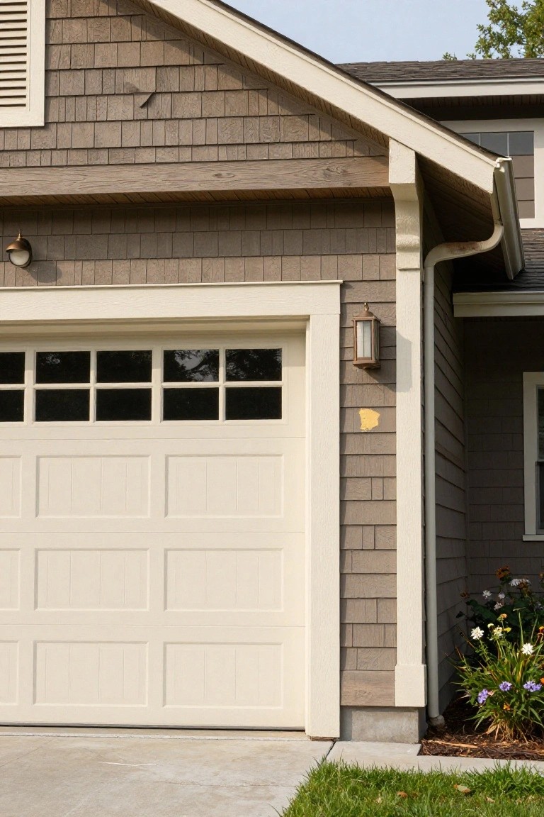Warm greige painted shingle siding on garage wall next to white garage door