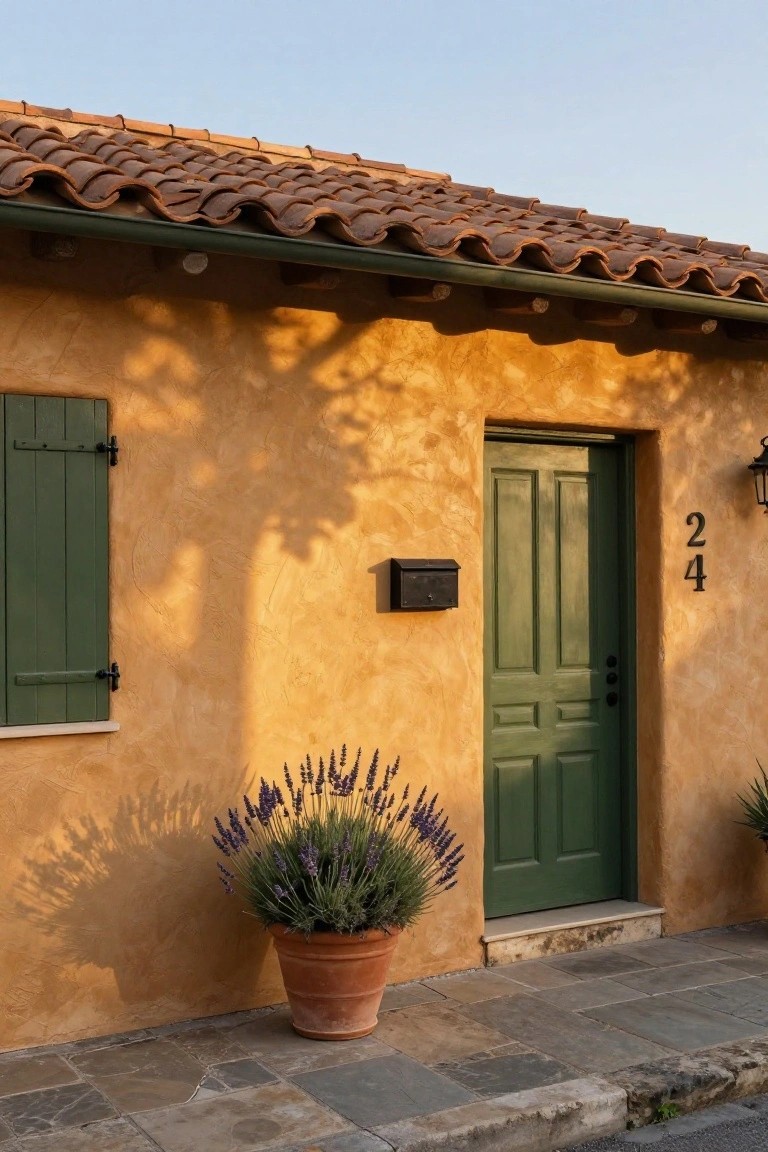 Warm ochre beige stucco wall on a garage exterior with green door, potted lavender, and terracotta pots