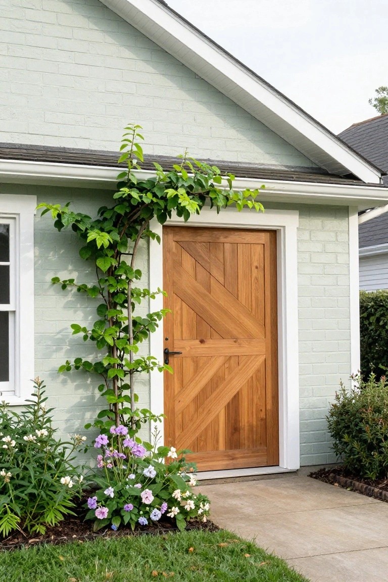 Wooden front door with climbing vine and colorful flowers on light green house.