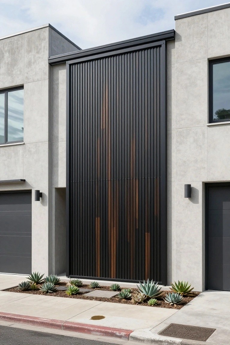 Modern two-unit home with gray stucco exterior, large black vertical slat screen incorporating warm vertical wood accents between two dark garage doors, flanked by wall lights and succulent plantings along the sidewalk.